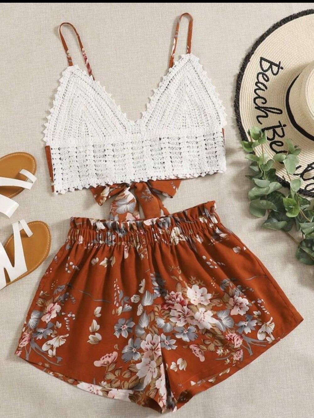 SHEIN White Crochet Bralette with Rust Floral Shorts
